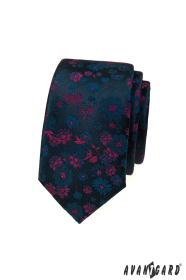Тъмно синя тясна вратовръзка с флорален десен в розово